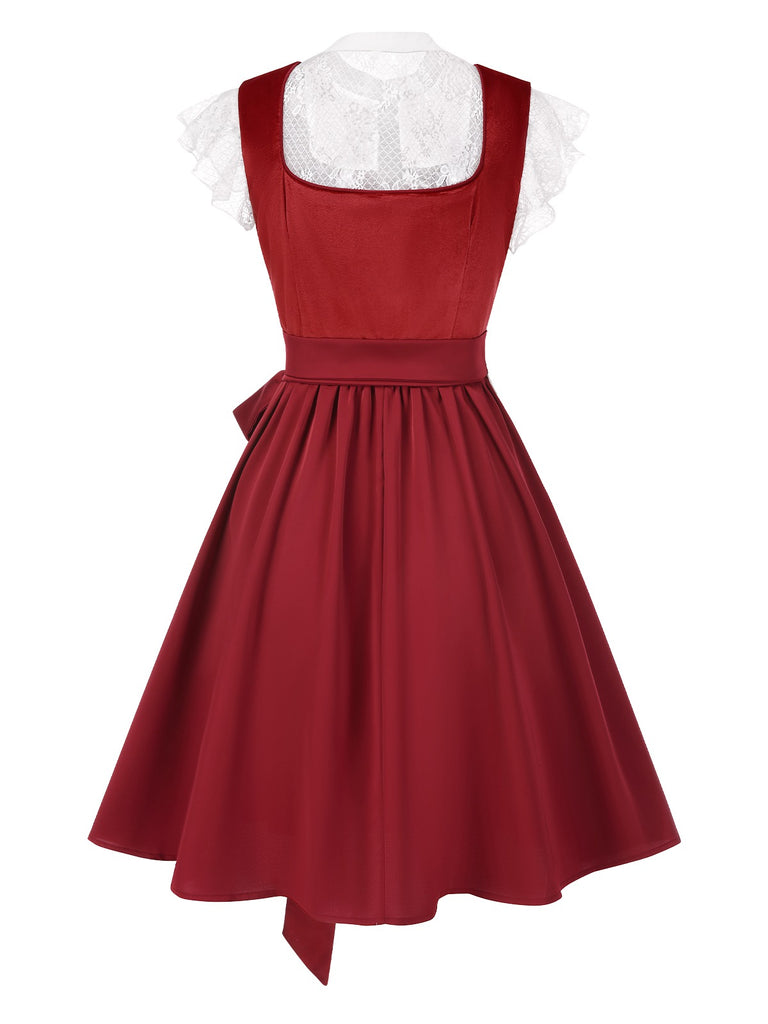 [Pre-Sale] 3PCS Red 1950s Floral Lace Velvet Dress & White Top