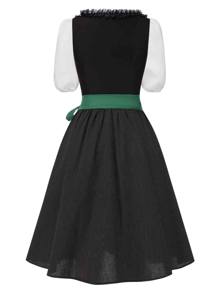 [Pre-Sale] 3PCS Black 1950s Cotton Polka Dot Gingham Dress & Puff Sleeve Crop Top