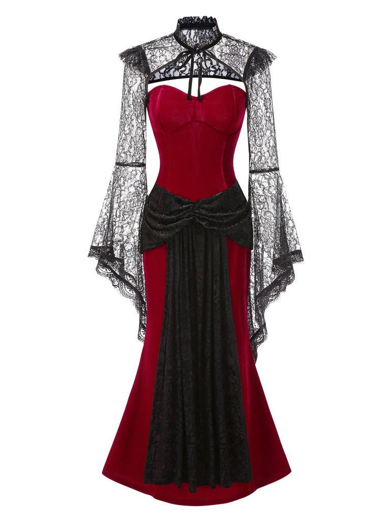 [Pre-Sale] 2PCS Red & Black 1930s Velvet Bandeau Fishtail Dress & Cape