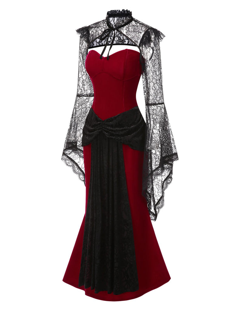 [Pre-Sale] 2PCS Red & Black 1930s Velvet Bandeau Fishtail Dress & Cape