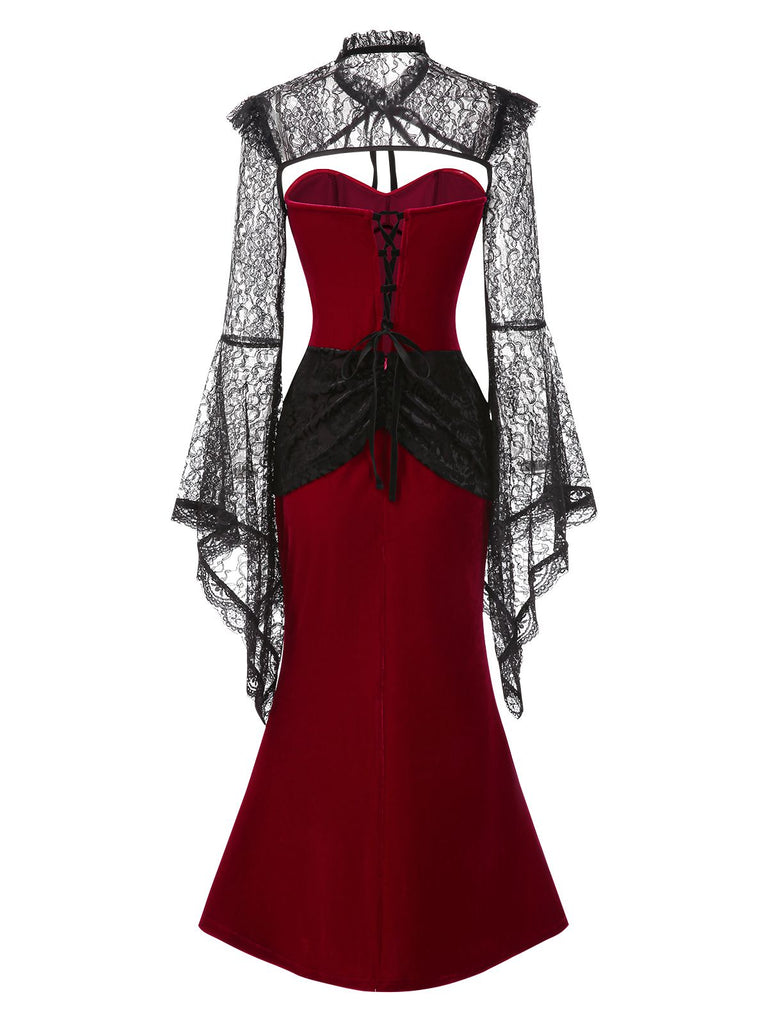 [Pre-Sale] 2PCS Red & Black 1930s Velvet Bandeau Fishtail Dress & Cape