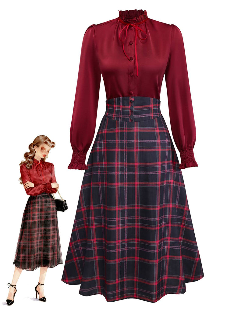 [Pre-Sale] 2PCS Red 1940s Tie Neck Blouse & Plaid Skirt