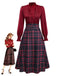 [Pre-Sale] 2PCS Red 1940s Tie Neck Blouse & Plaid Skirt