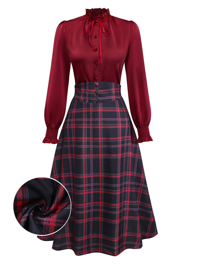 [Pre-Sale] 2PCS Red 1940s Tie Neck Blouse & Plaid Skirt