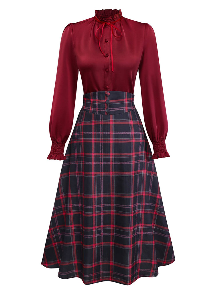 [Pre-Sale] 2PCS Red 1940s Tie Neck Blouse & Plaid Skirt