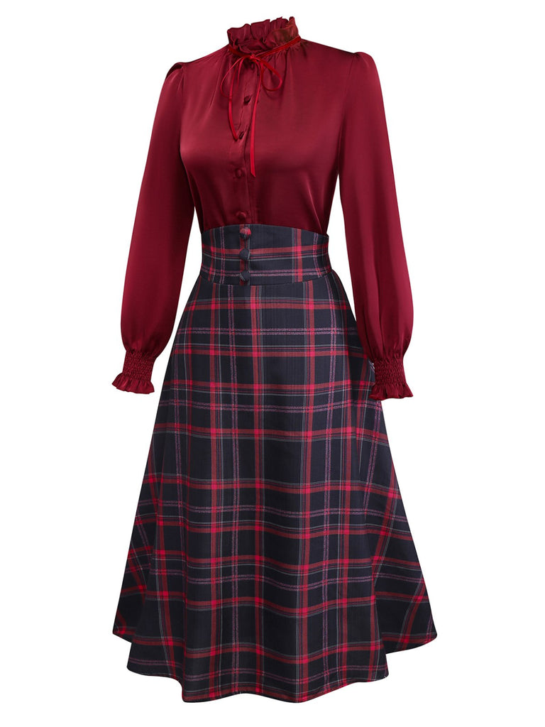 [Pre-Sale] 2PCS Red 1940s Tie Neck Blouse & Plaid Skirt