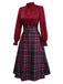 [Pre-Sale] 2PCS Red 1940s Tie Neck Blouse & Plaid Skirt
