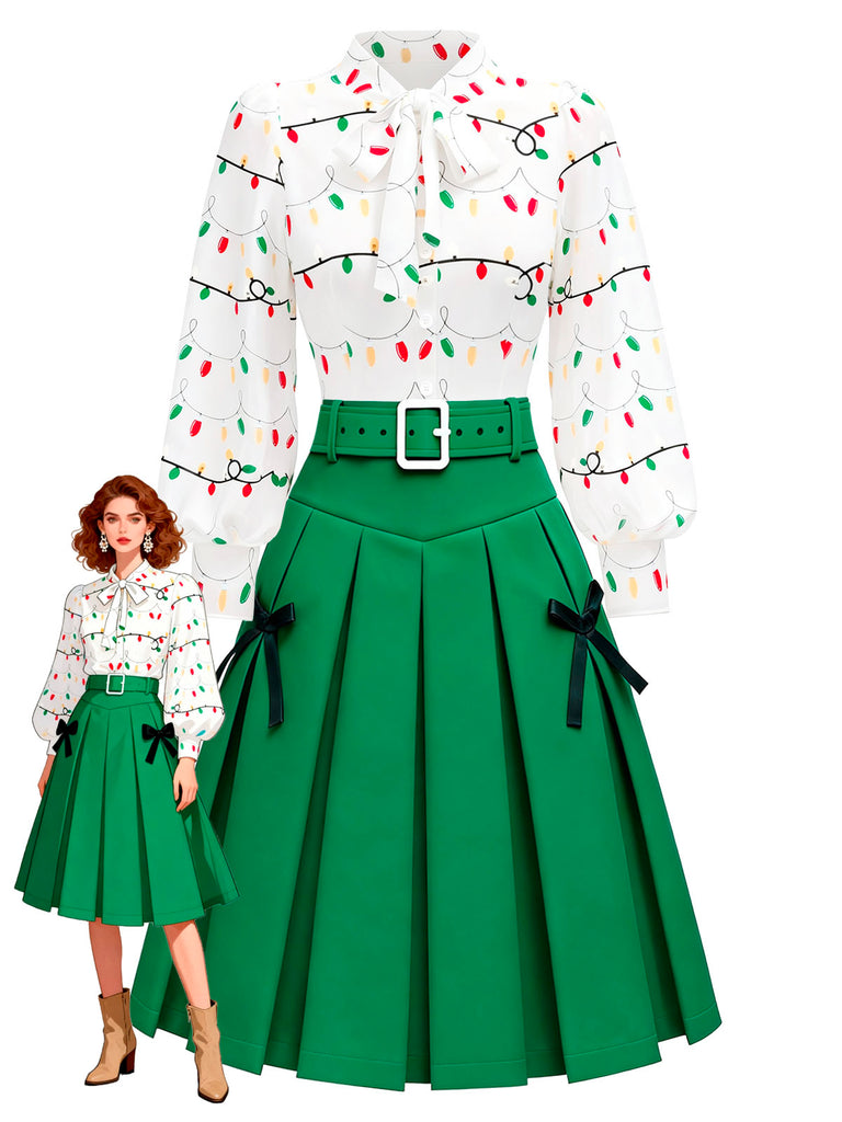 [Pre-Sale] 2PCS 1950s Christmas Lights Print Blouse & Pleated Skirt