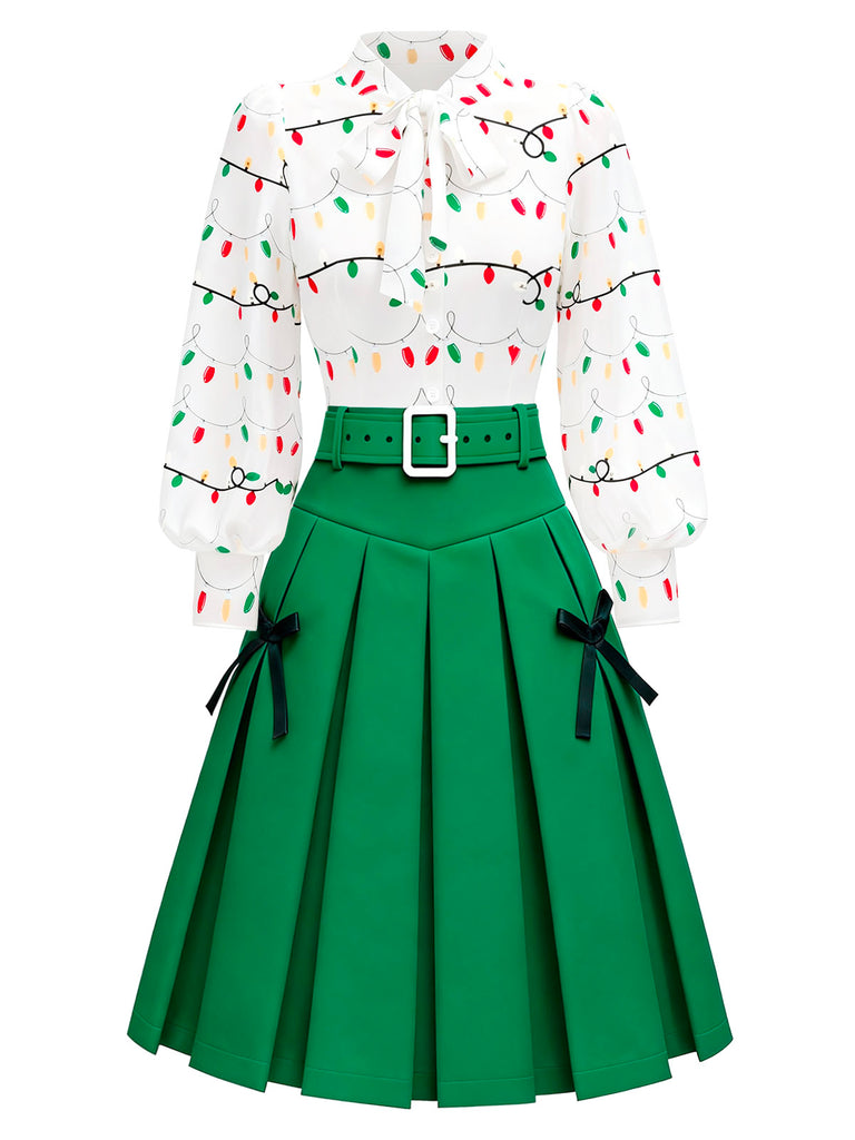 [Pre-Sale] 2PCS 1950s Christmas Lights Print Blouse & Pleated Skirt