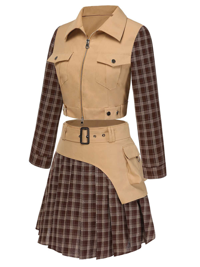 [Pre-Sale] 2PCS Khaki & Brown 1960s Plaid Patchwork Jacket & Pleated Skirt