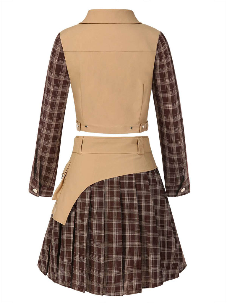 [Pre-Sale] 2PCS Khaki & Brown 1960s Plaid Patchwork Jacket & Pleated Skirt