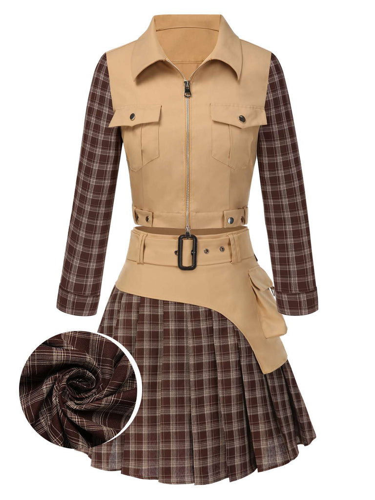 [Pre-Sale] 2PCS Khaki & Brown 1960s Plaid Patchwork Jacket & Pleated Skirt