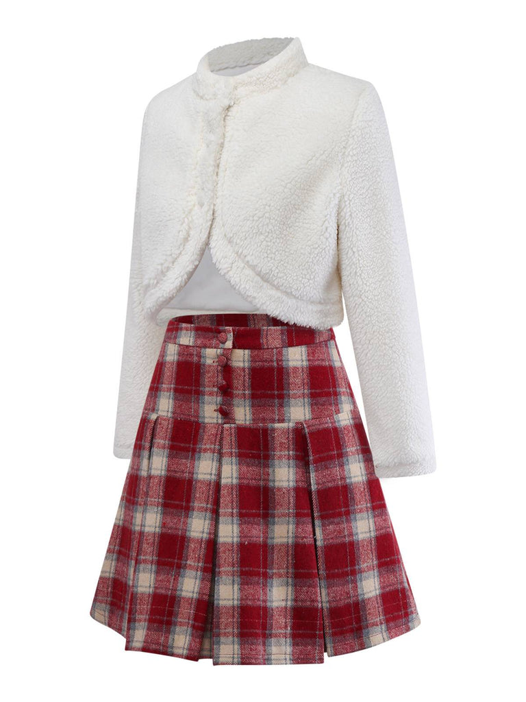 [Pre-Sale] 2PCS White & Red 1960s Faux-Wool Jacket & Pleated Skirt