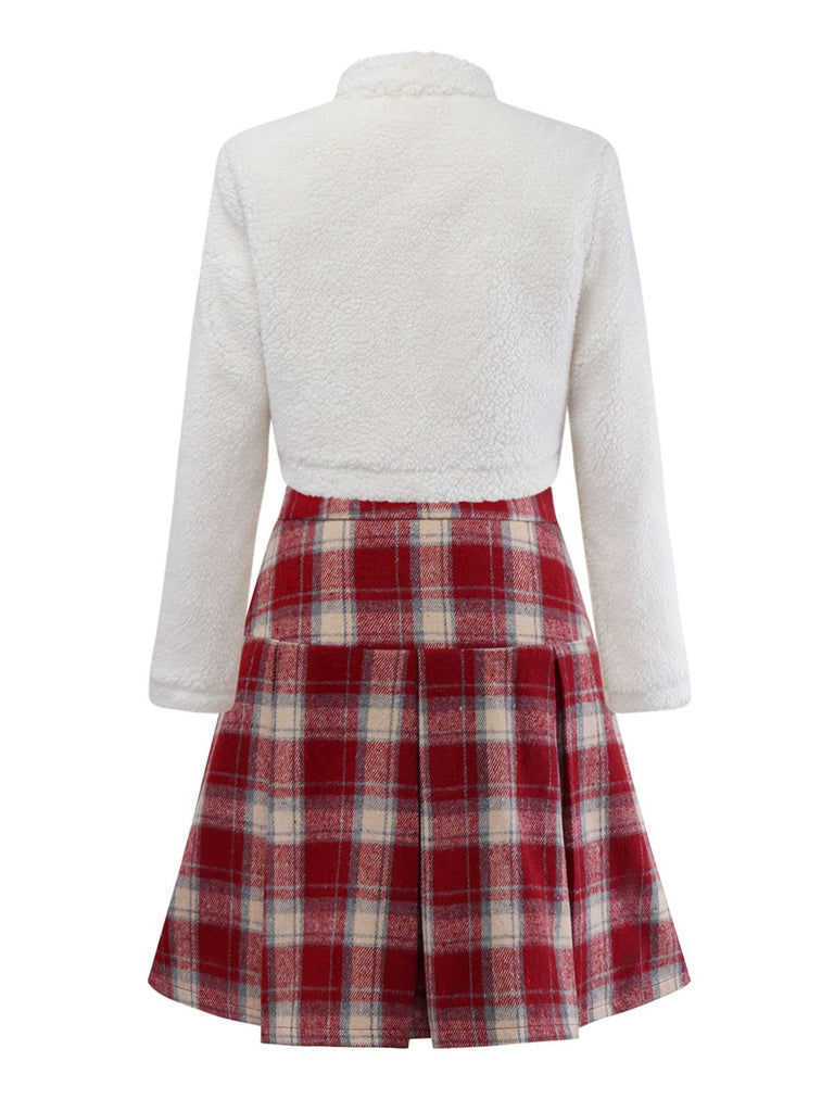 [Pre-Sale] 2PCS White & Red 1960s Faux-Wool Jacket & Pleated Skirt