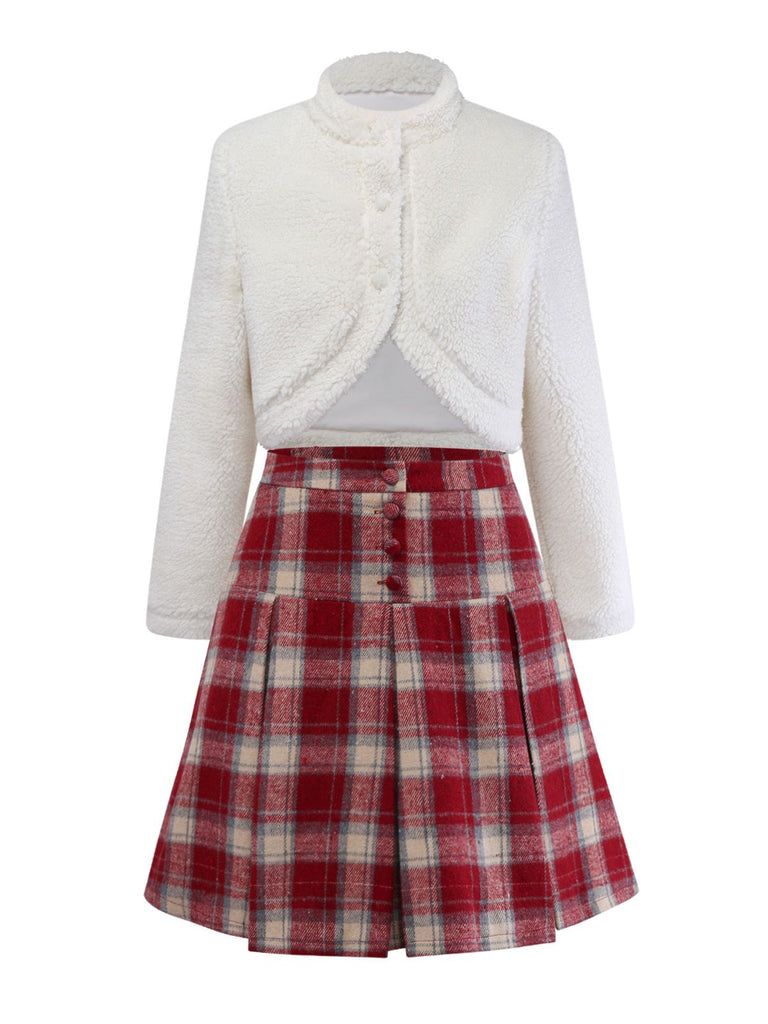 [Pre-Sale] 2PCS White & Red 1960s Faux-Wool Jacket & Pleated Skirt