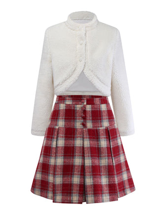 [Pre-Sale] 2PCS White & Red 1960s Faux-Wool Jacket & Pleated Skirt