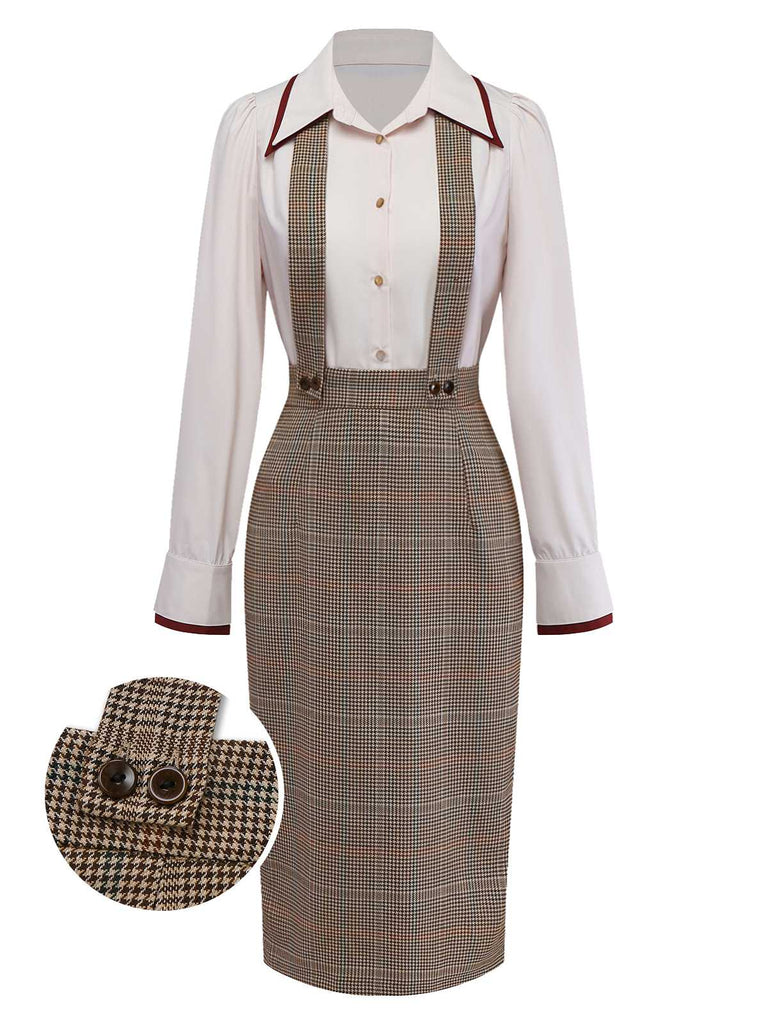 [Pre-Sale] 2PCS Beige 1960s Contrasted Blouse & Houndstooth Suspender Skirt
