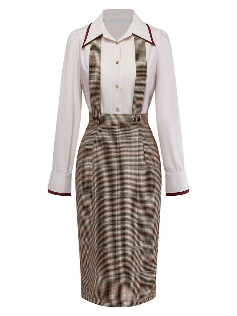 [Pre-Sale] 2PCS Beige 1960s Contrasted Blouse & Houndstooth Suspender Skirt