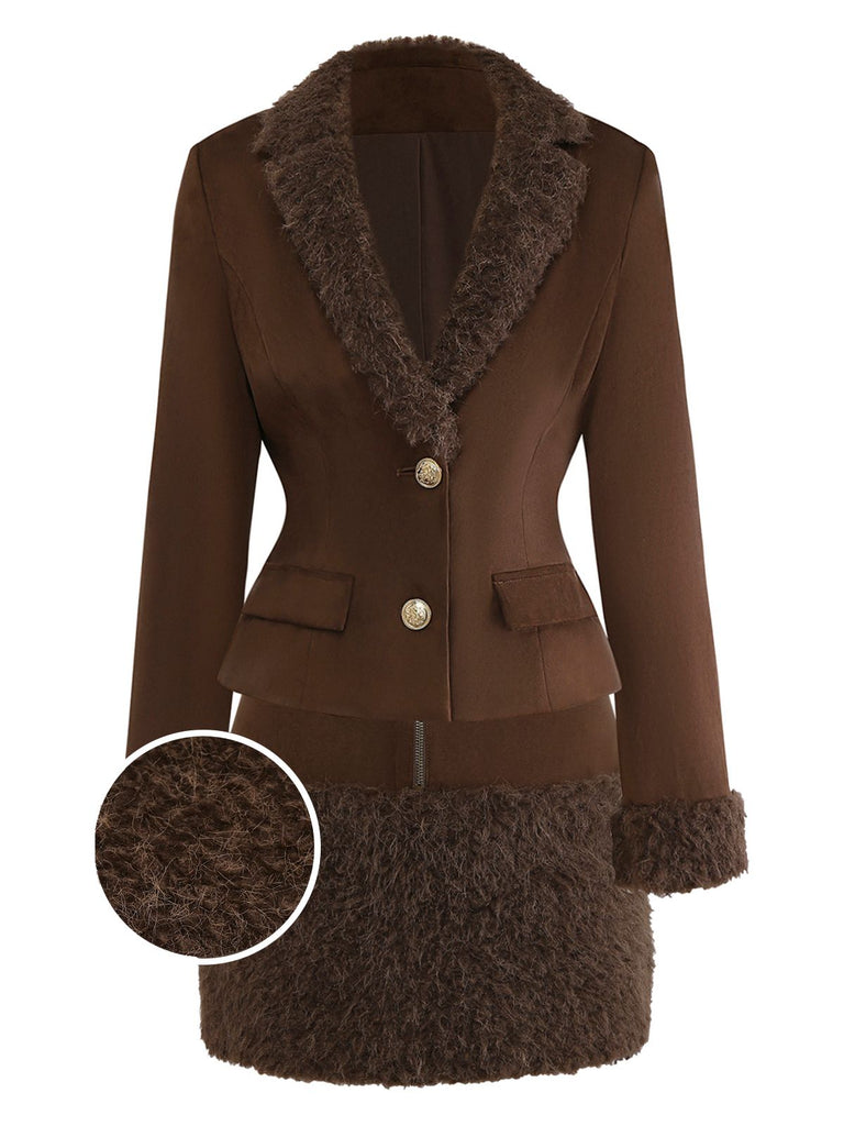 [Pre-Sale] 2PCS Dark Brown 1960s Faux Suede Fur Jacket & Skirt