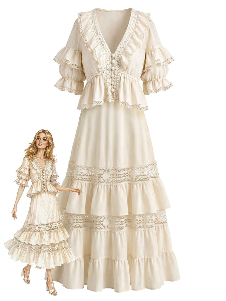 [Pre-Sale] 2PCS Beige 1970s Boho Ruffled Lace Blouse & Skirt