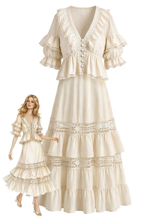 [Pre-Sale] 2PCS Beige 1970s Boho Ruffled Lace Blouse & Skirt