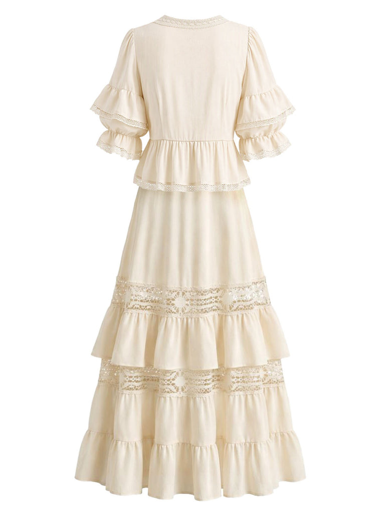 [Pre-Sale] 2PCS Beige 1970s Boho Ruffled Lace Blouse & Skirt