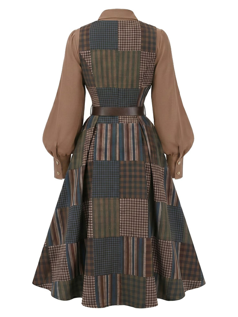 [Pre-Sale] Brown 1940s Patchwork Plaid Belted Sleeveless Dress & Blouse