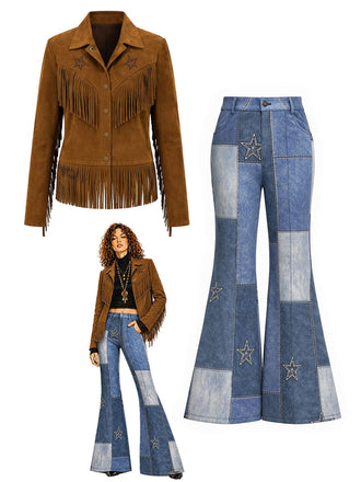[Pre-Sale] 1970s Faux Suede Star Fringe Jacket & Denim-Print Flared Pants