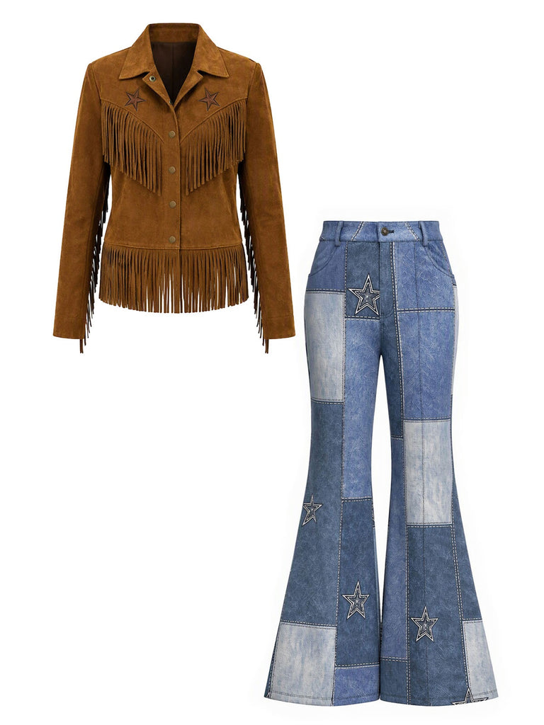 [Pre-Sale] 1970s Faux Suede Star Fringe Jacket & Denim-Print Flared Pants