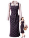 [Pre-Sale] 2PCS Purple 1960s Plaid Pencil Dress & Drawstring Ruched Satin Blouse