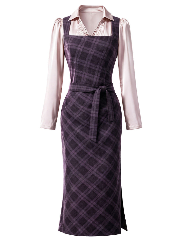 [Pre-Sale] 2PCS Purple 1960s Plaid Pencil Dress & Drawstring Ruched Satin Blouse