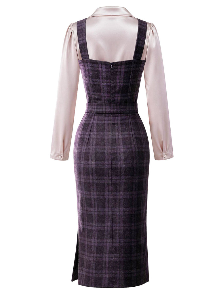 [Pre-Sale] 2PCS Purple 1960s Plaid Pencil Dress & Drawstring Ruched Satin Blouse