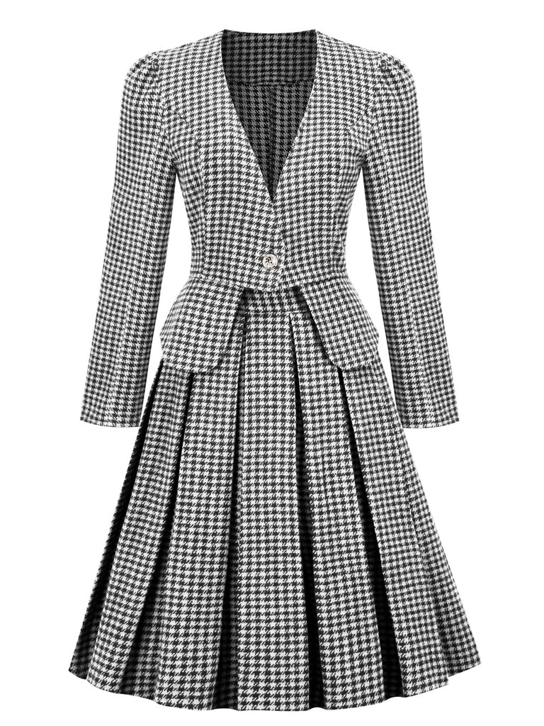 2PCS Black Retro Plaid Blazer & Panel Skirt