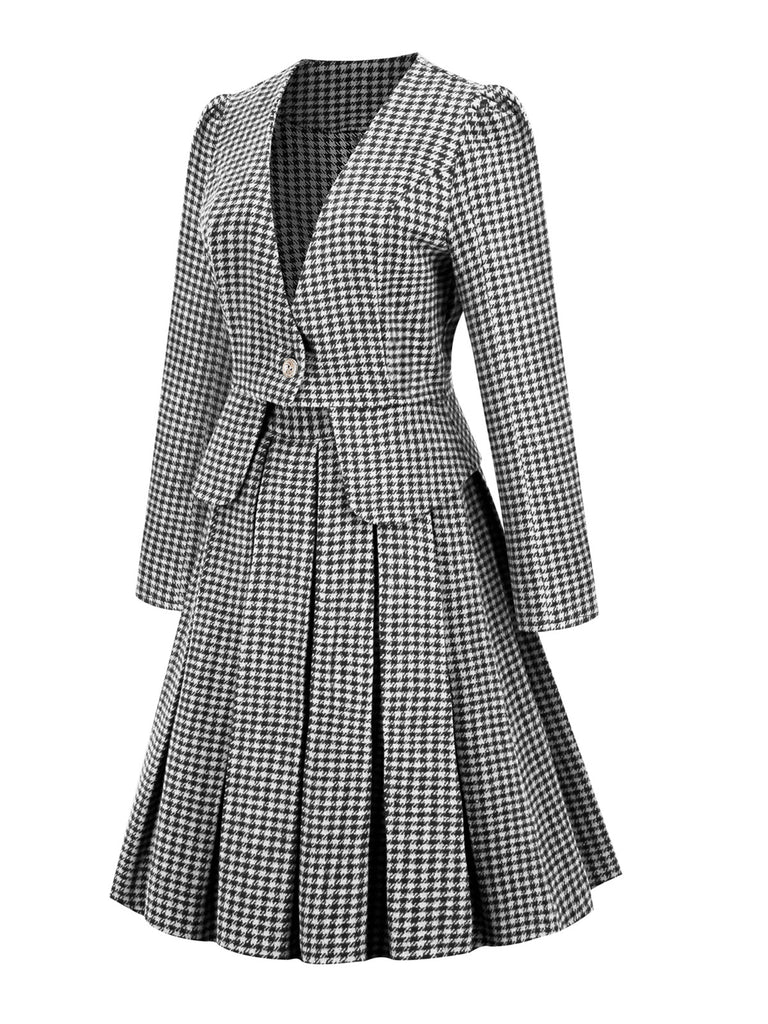 2PCS Green Retro Plaid Blazer & Panel Skirt