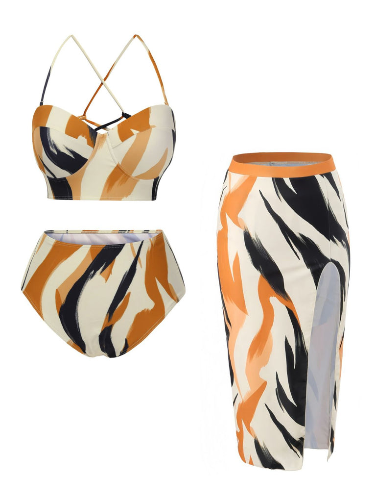 2PCS Multicolor 1960s Artistic Brush Straps Lace-Up Swimsuit & Cover-Up
