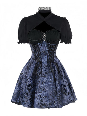 2PCS Black & Blue 1980s Gothic Cape Cardigan & Floral Embroidered Dress