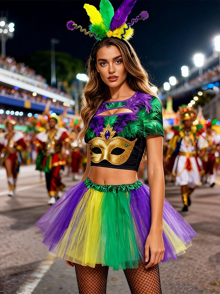 3PCS 1970s Carnival Mask Cutout Top & Petticoat & Headband