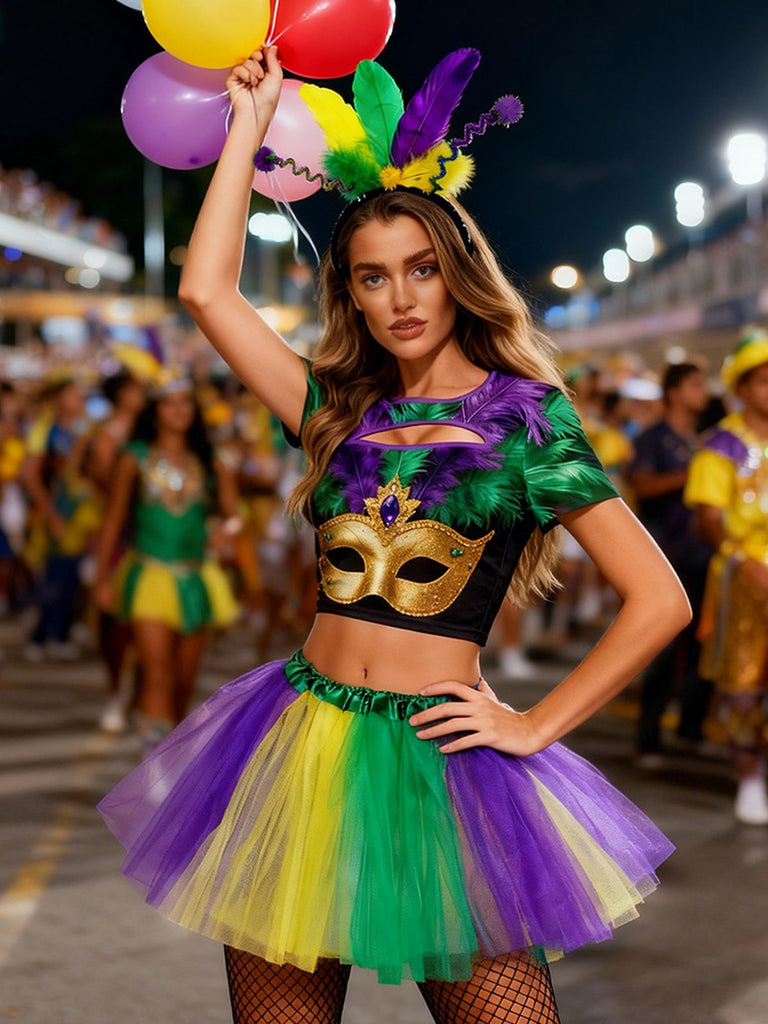 3PCS 1970s Carnival Mask Cutout Top & Petticoat & Headband