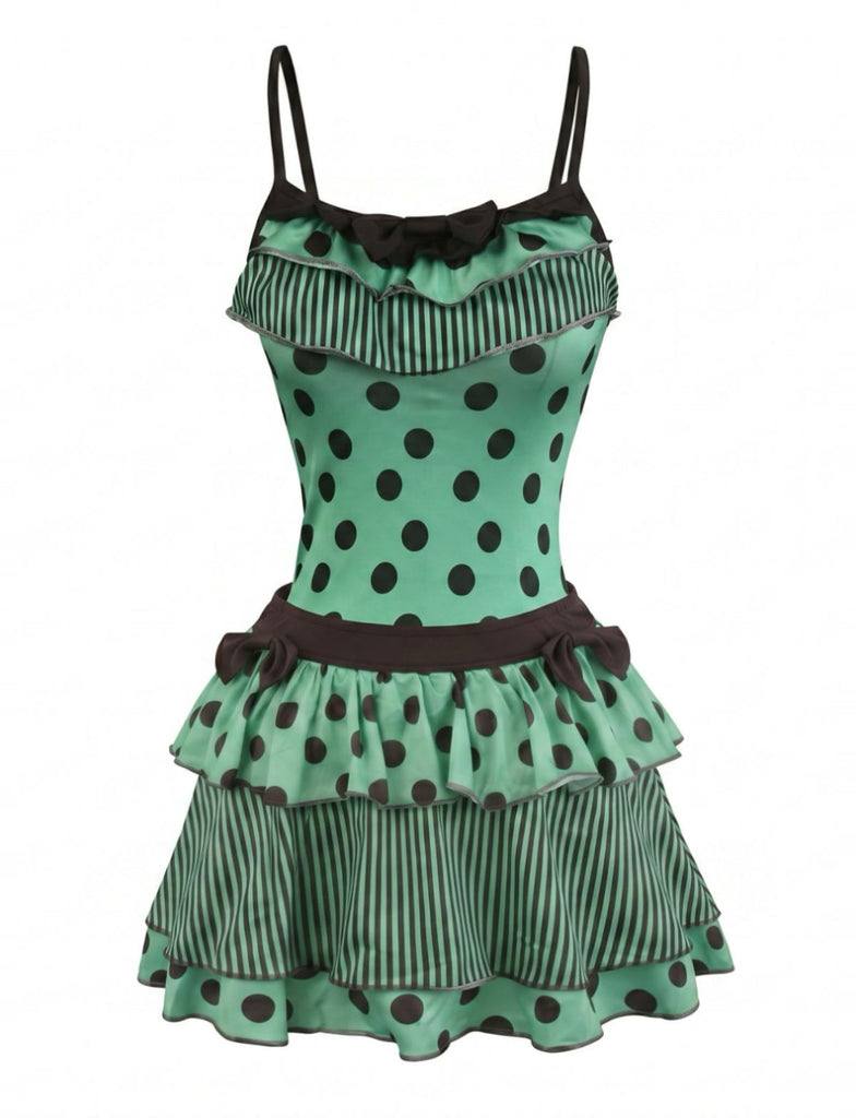 2PCS 1980s Polka Dot Sleeveless Tank Top & Layered Mini Skirt
