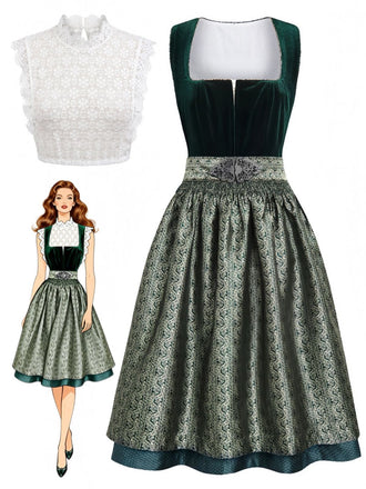 3PCS Green 1950s Square Neck Velvet Jacquard Dress & Apron & Lace Top