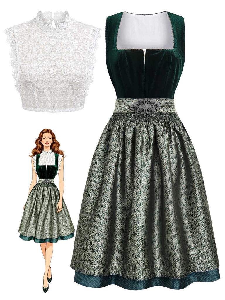 3PCS Green 1950s Square Neck Velvet Jacquard Dress & Apron & Lace Top