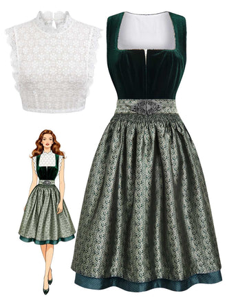 3PCS Green 1950s Square Neck Velvet Jacquard Dress & Apron & Lace Top