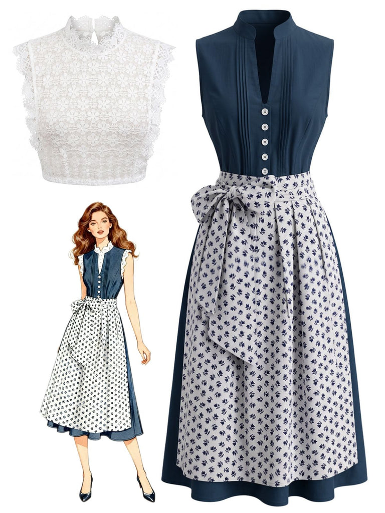 3PCS Blue 1950s Sleeveless Dress & Floral Apron & Lace Top