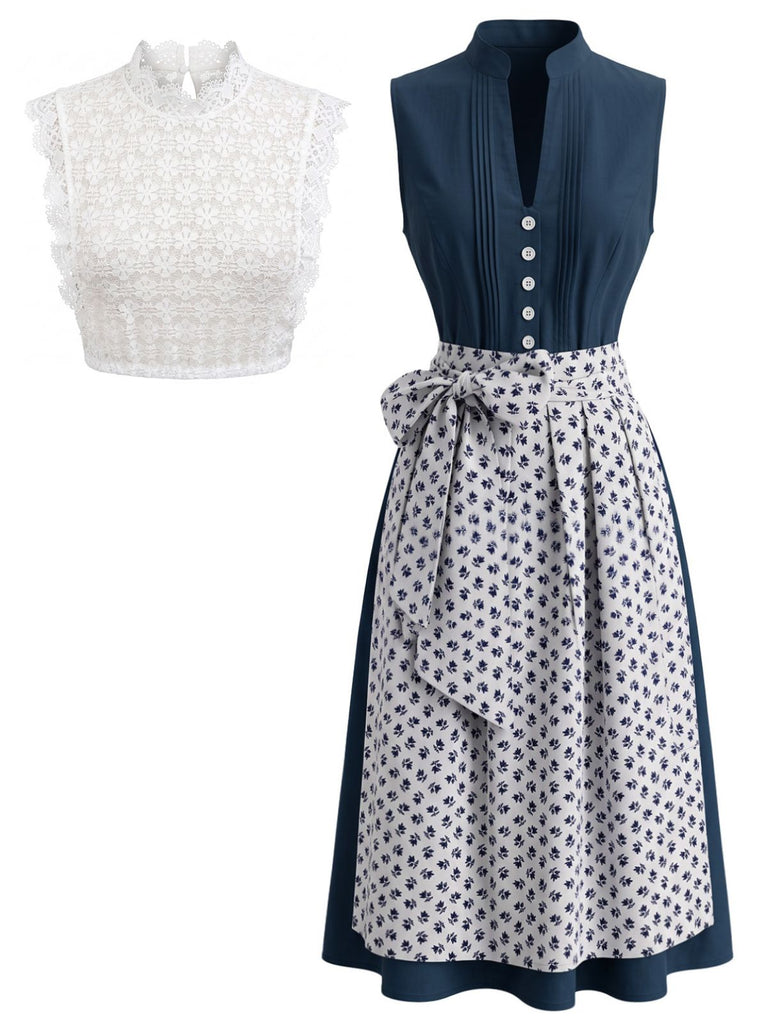 3PCS Blue 1950s Sleeveless Dress & Floral Apron & Lace Top