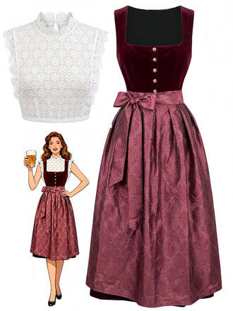 3PCS Wine Red 1950s Square Neck Velvet Dress & Apron & Lace Top