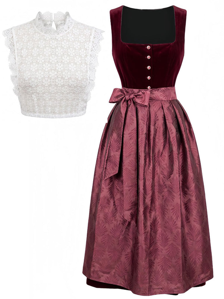 3PCS Wine Red 1950s Square Neck Velvet Dress & Apron & Lace Top