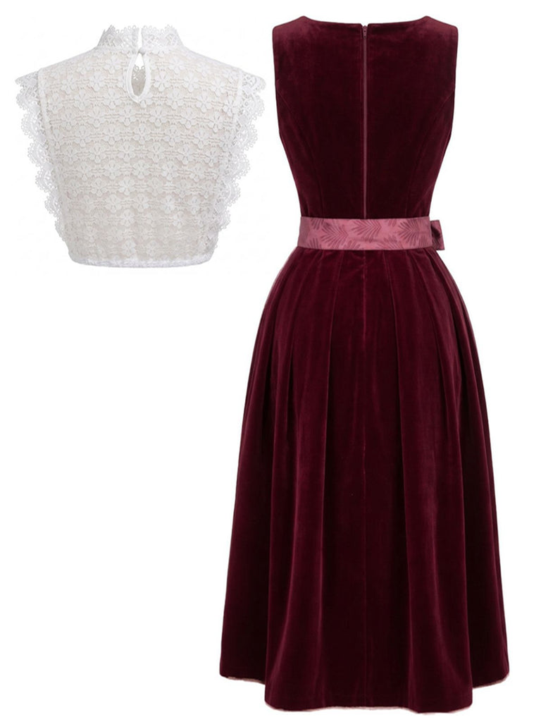3PCS Wine Red 1950s Square Neck Velvet Dress & Apron & Lace Top
