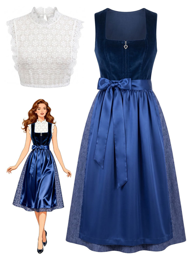 Blue 1950s Velvet Paisley Print Dress & Apron & Lace Top