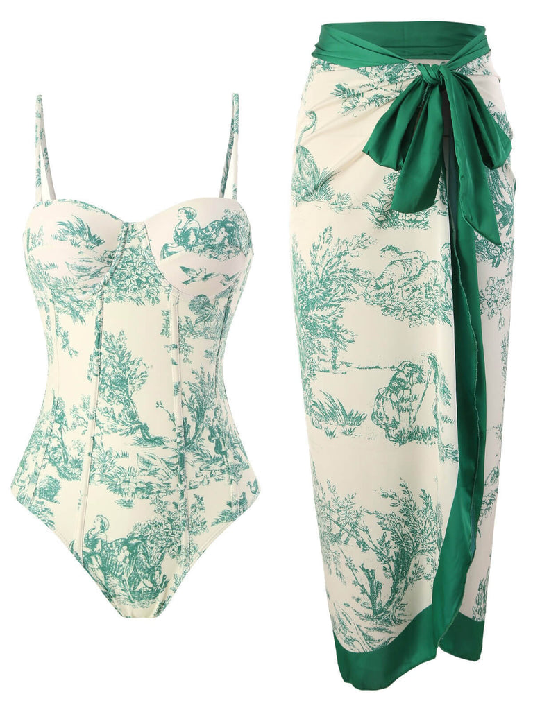 1960s Vintage Ink Floral Swimsuit & Cover-Up