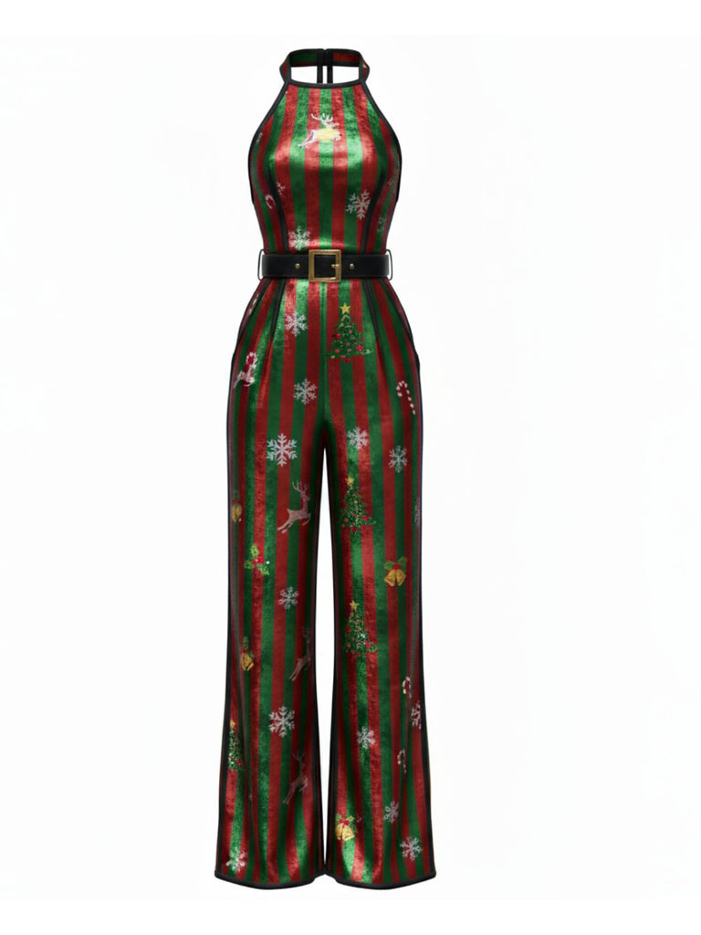 [Pre-Sale] 1950s Christmas Striped Belted Jumpsuit